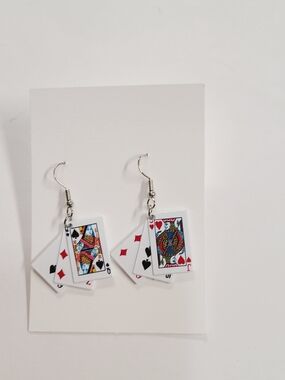 Playing Card Queen Dangle Earrings - White, Red, Black
